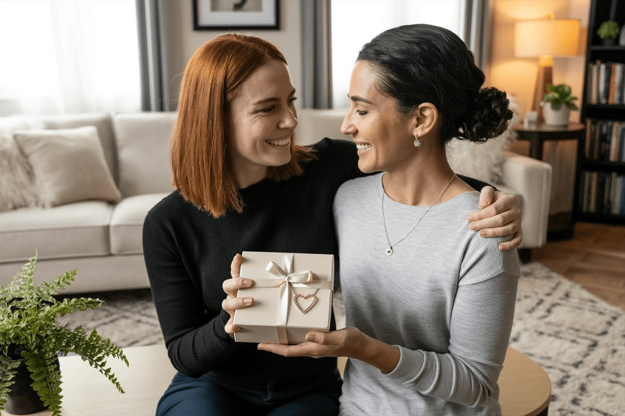 Two women smiling and exchanging unbiological sister gifts with a heart necklace symbolizing their special bond