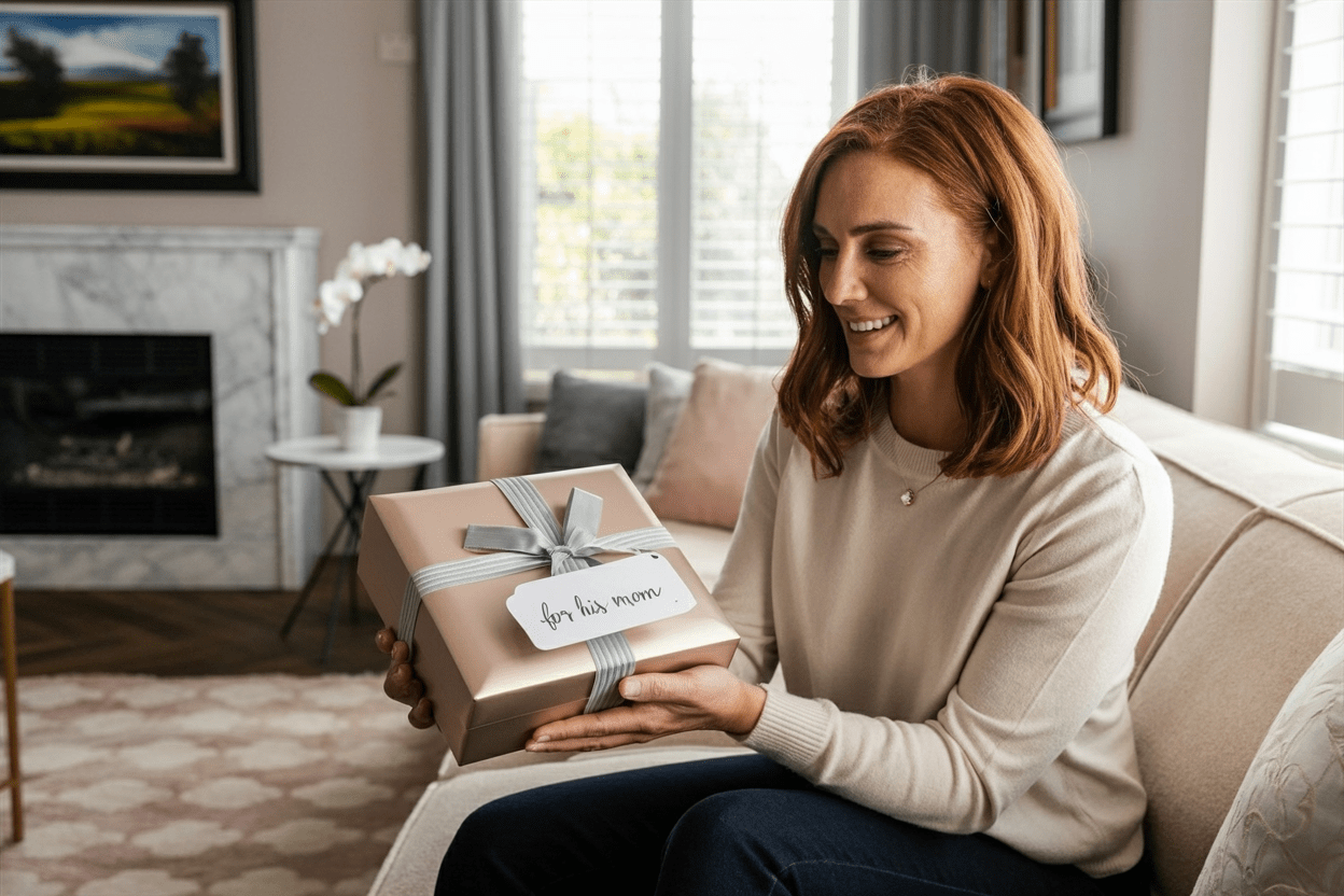 Present for boyfriend’s mom elegant gift box in cozy living room with warm smile