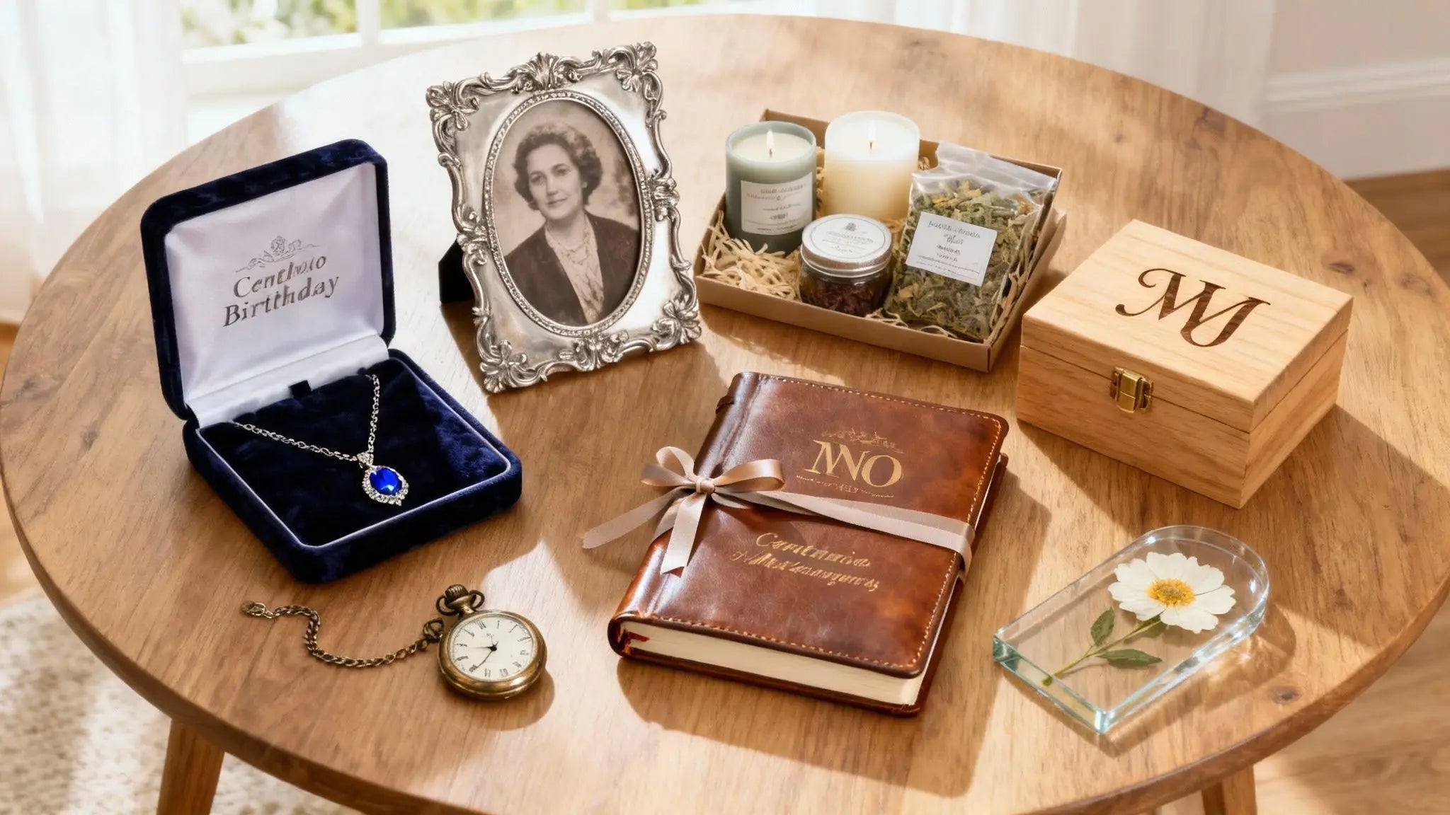 100th birthday keepsakes with a pendant in a navy box, vintage portrait, pocket watch and album