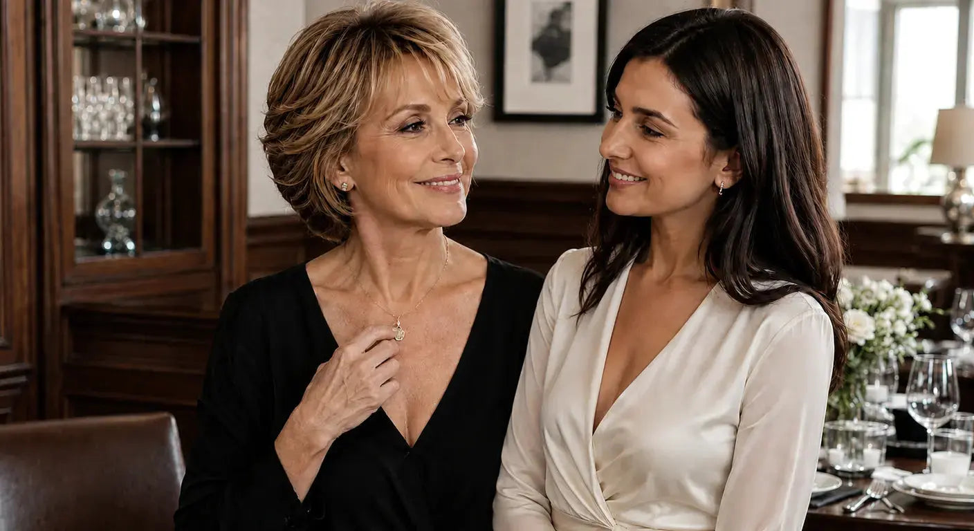 Older woman touching the pendant necklace at her throat beside a smiling younger woman