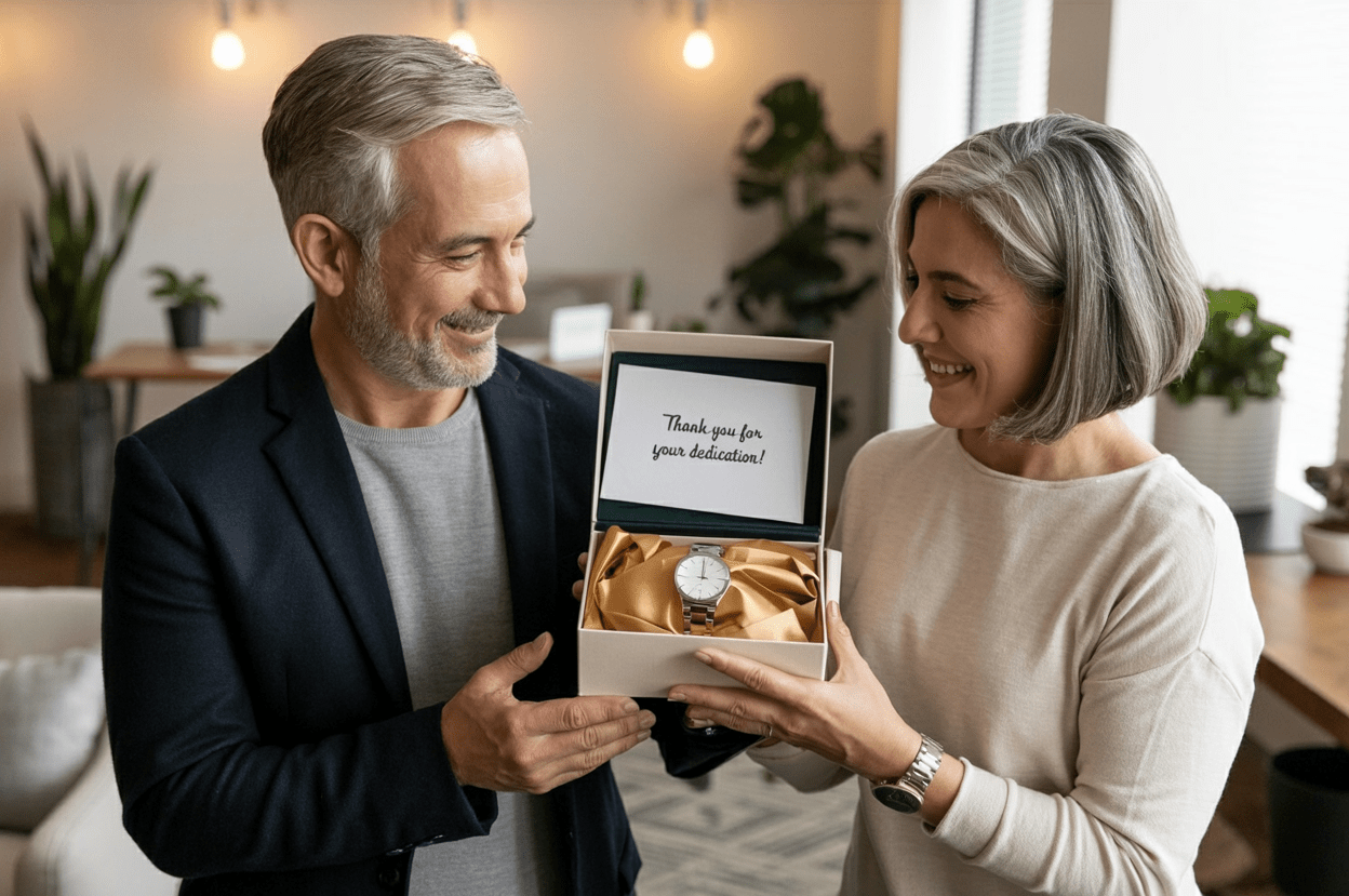 Smiling colleagues exchanging a watch gift box with a thank-you note, representing thoughtful custom retirement gifts for coworker.