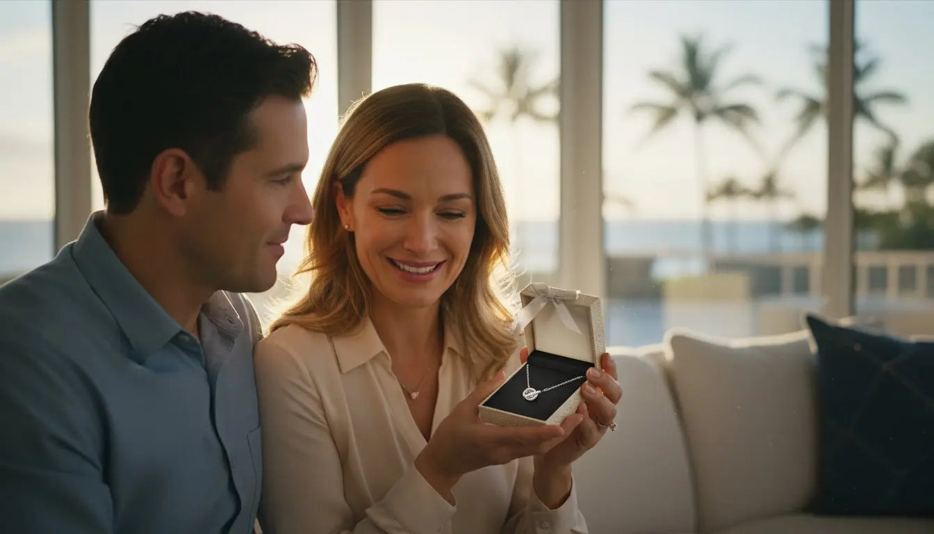 Husband showing his wife an open jewelry box with a sentimental birthday gift