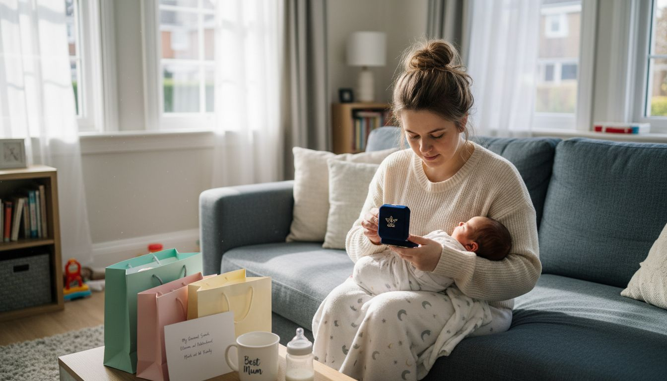 New mum opening gift with baby on sofa