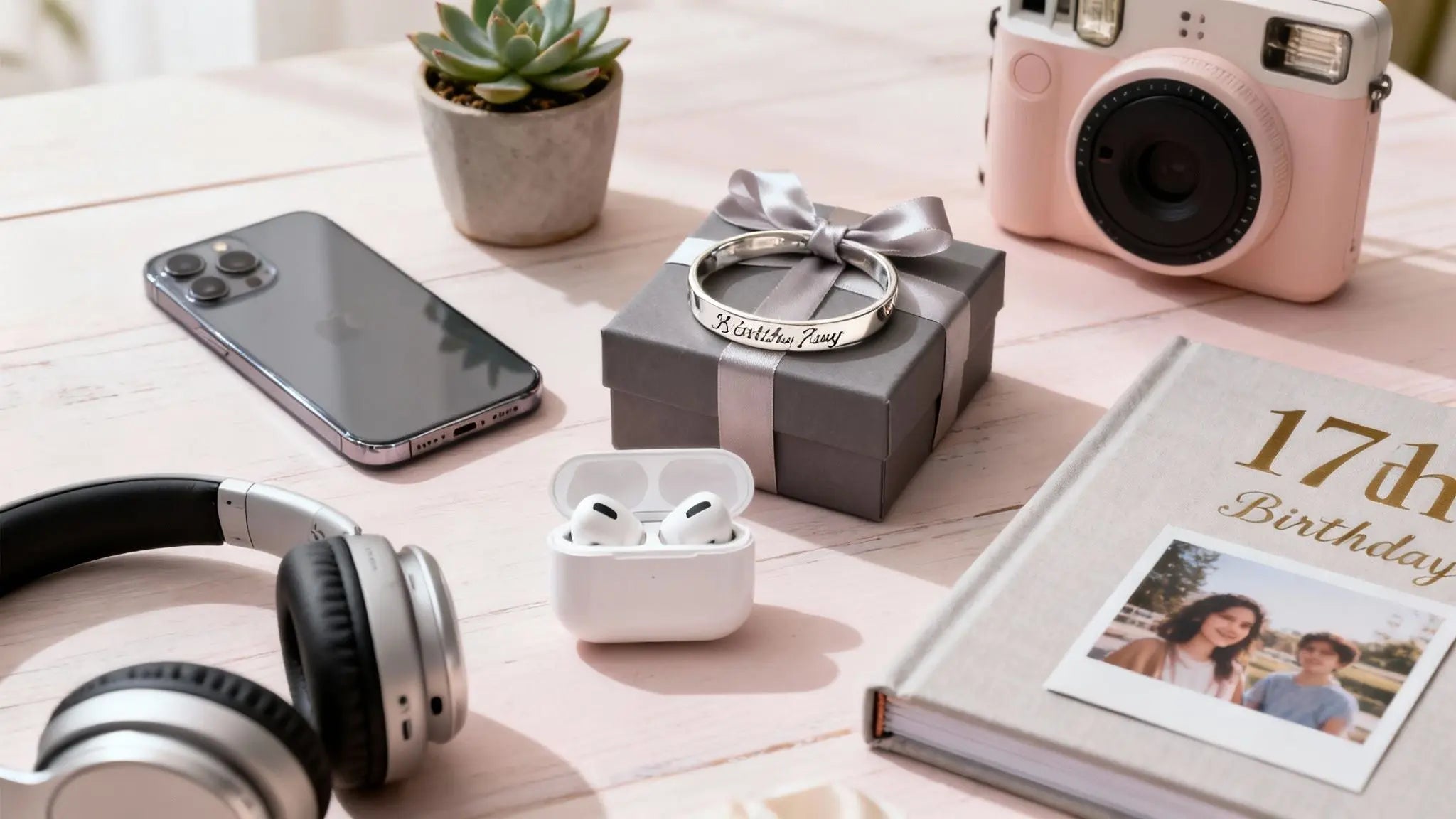 Flat lay of 17th birthday gifts with a phone, headphones, instant camera and photo album