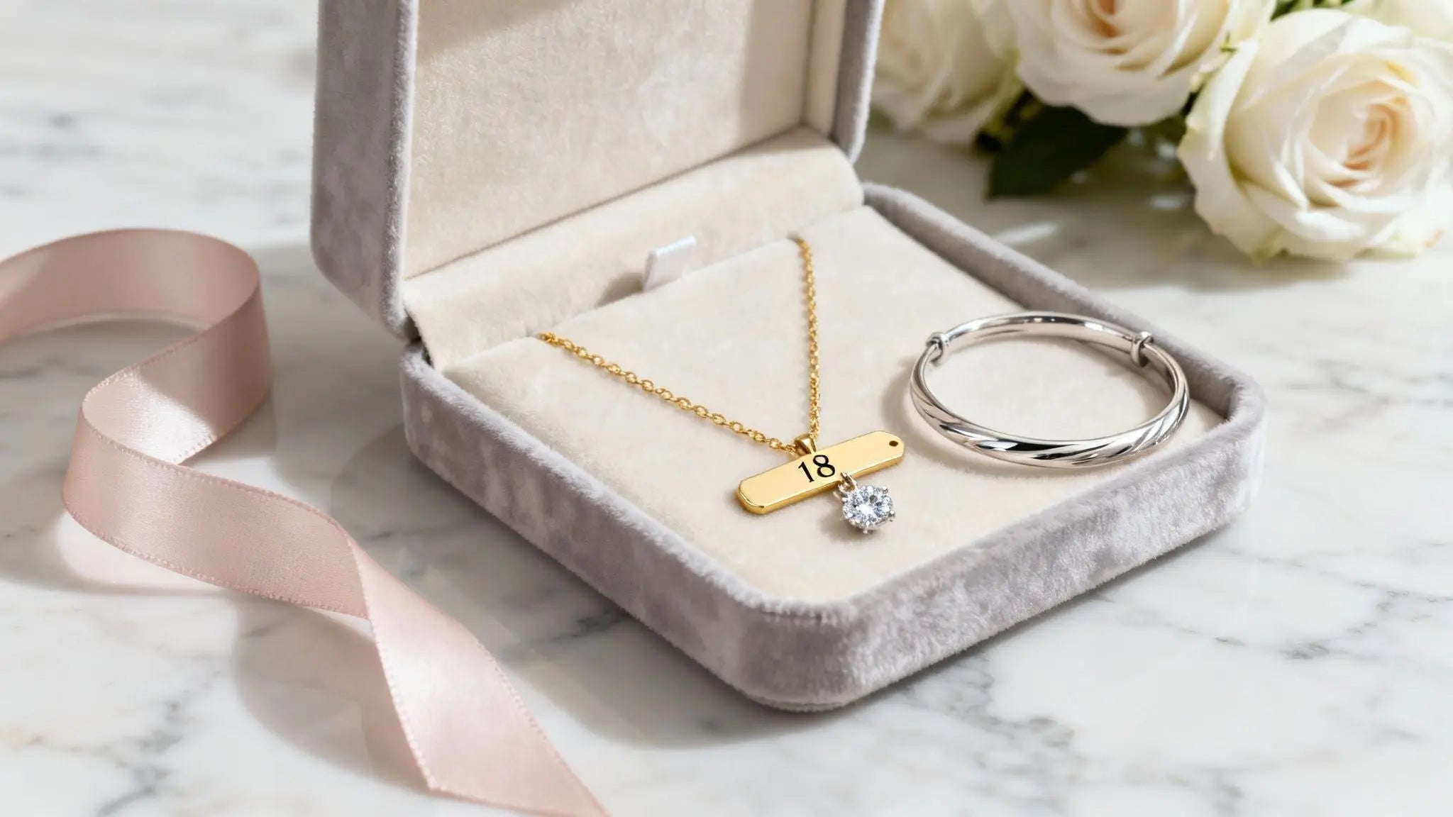 Gold initial necklace and bangle in a gift box with pink ribbon and white roses
