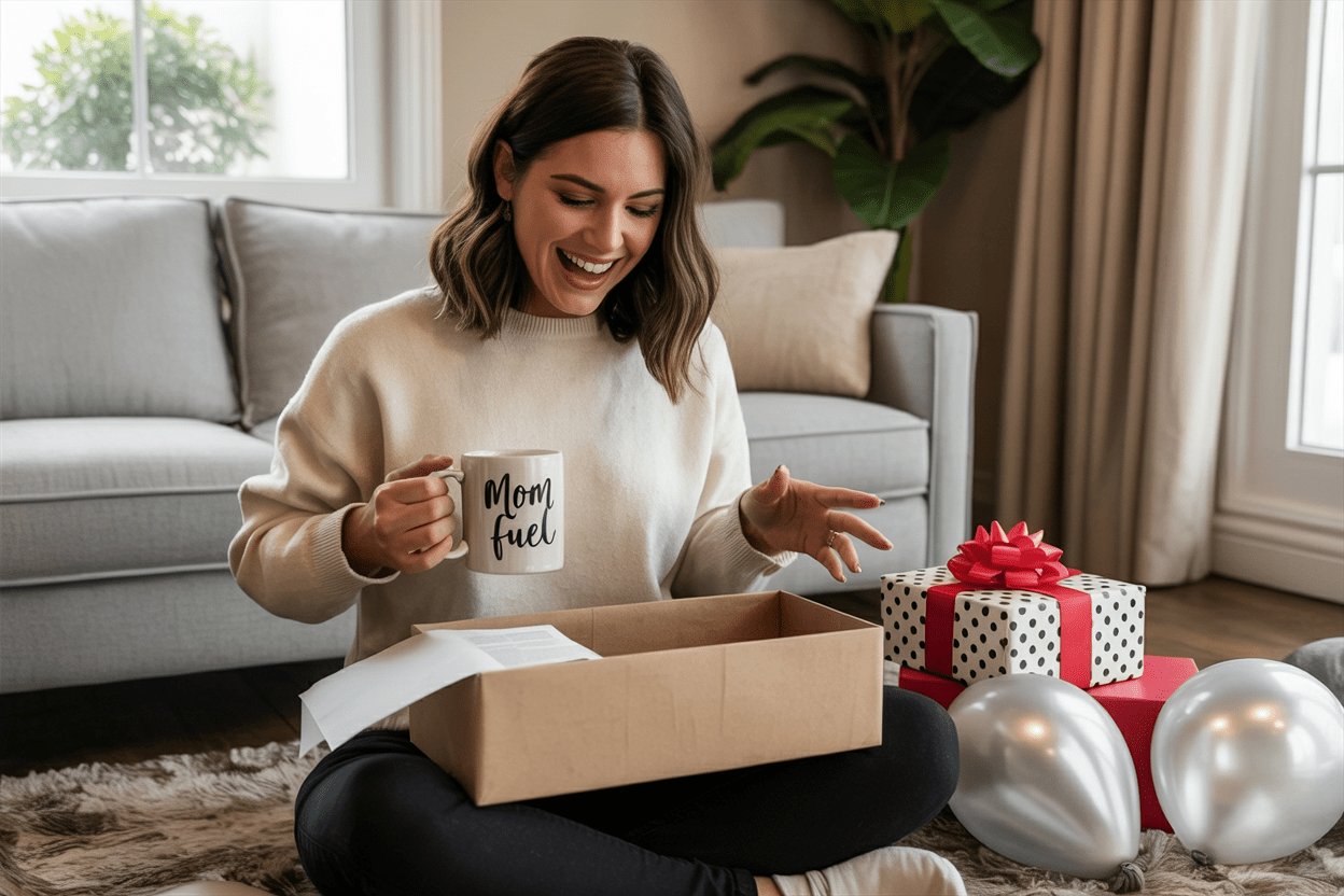 Happy mom unboxing funny gifts for a mom, holding a “Mom Fuel” coffee mug surrounded by presents and balloons.