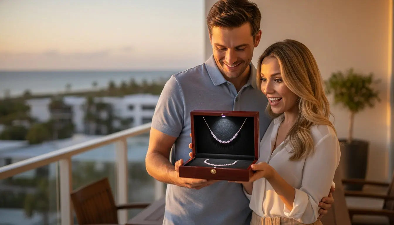 Couple admiring a personalized necklace in a wooden gift box on their balcony