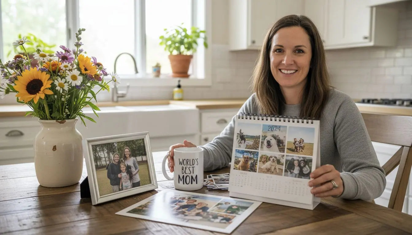 Woman holding a personalized photo book with photo prints and a best mom photo mug