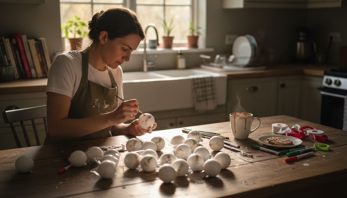 Woman personalizing ornaments at home table