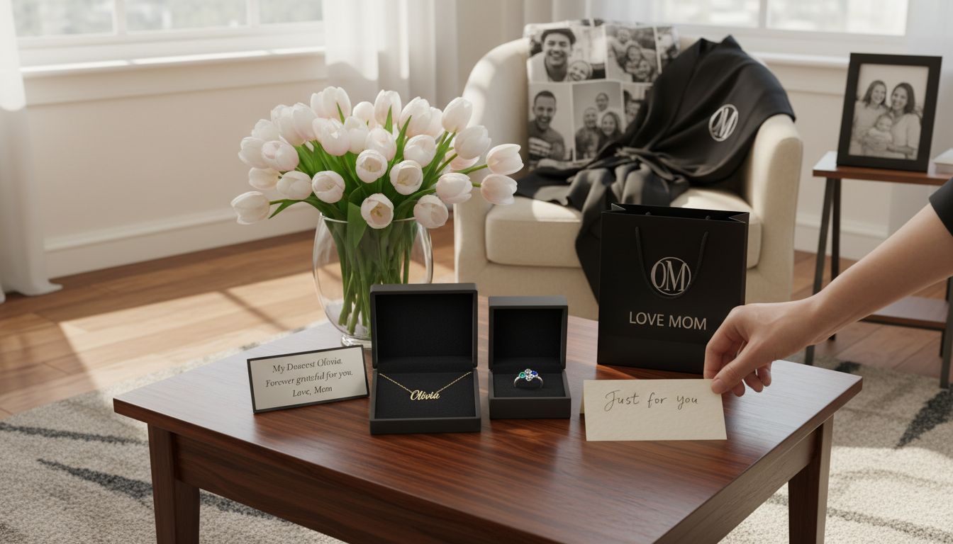 Thoughtful Mother’s Day gifts on coffee table