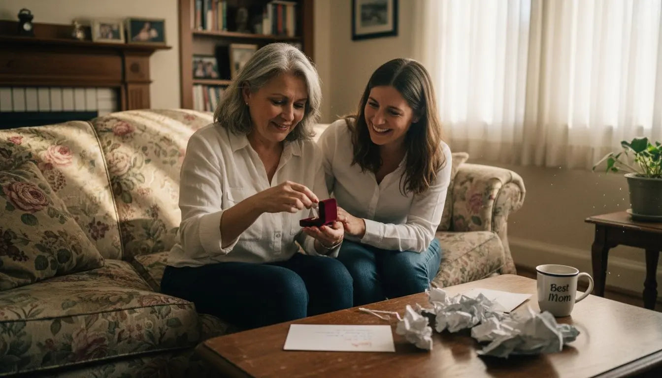 Grandmother and granddaughter opening a personalized mother's day gift together on the sofa