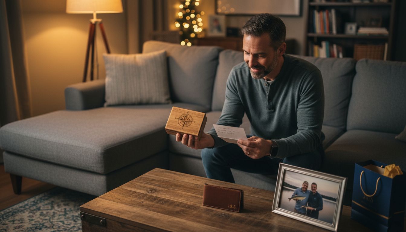 Man opening personalized gifts on couch