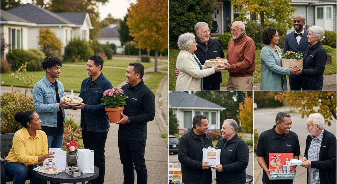 neighbors exchanging gifts, community connection