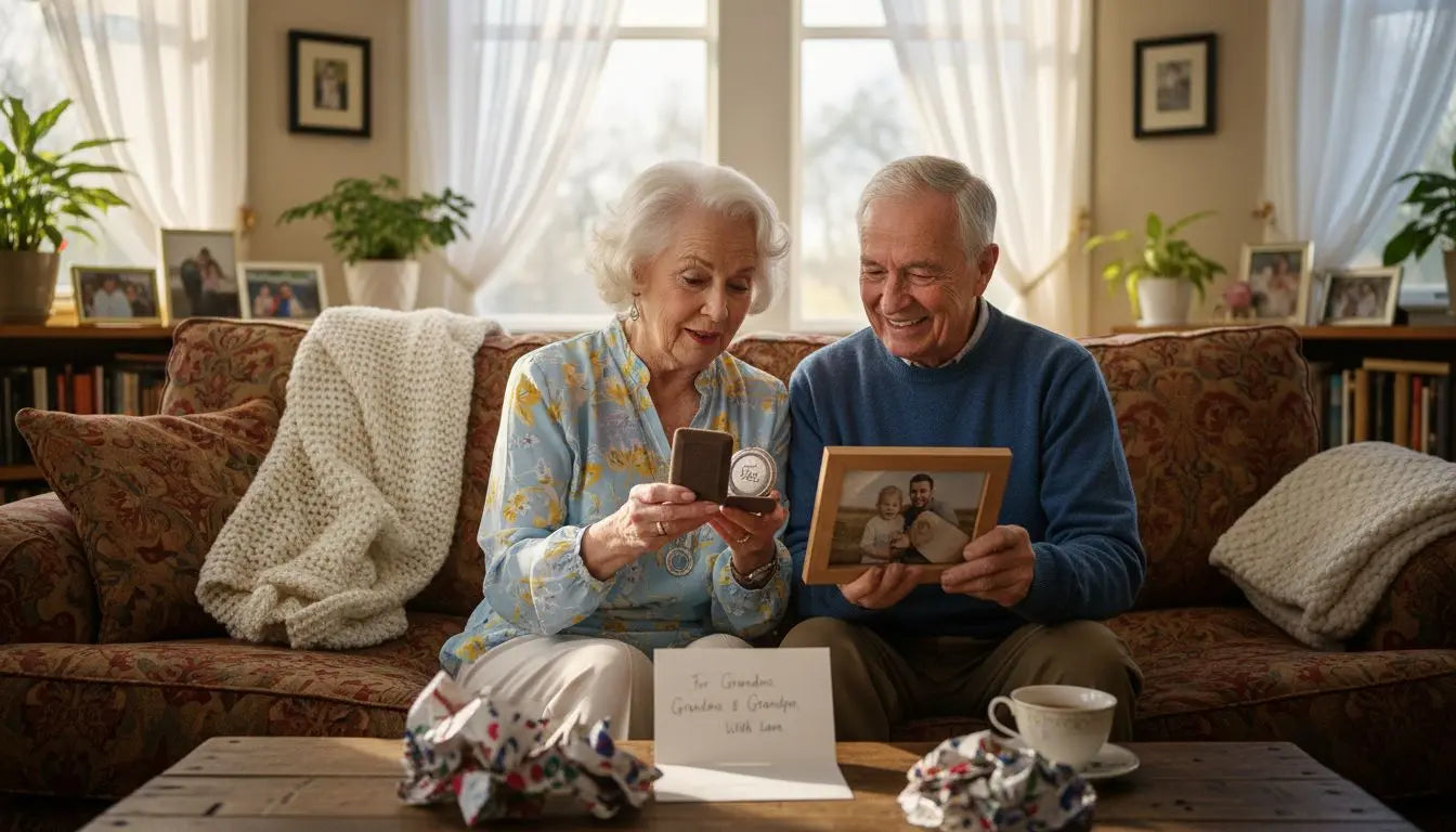 Elderly couple on the sofa looking at a framed family photo beside a knitted blanket