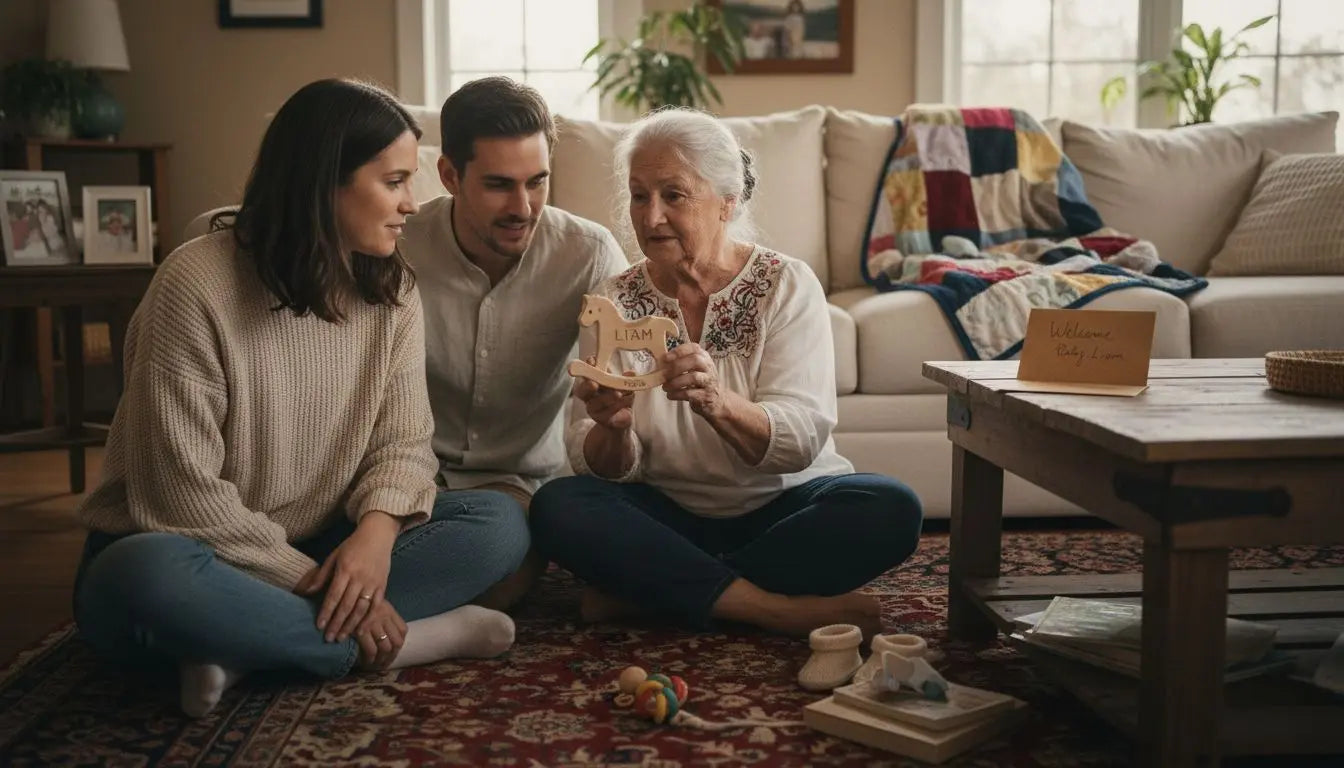 Young couple sitting on the floor with grandma beside an engraved wooden keepsake sign