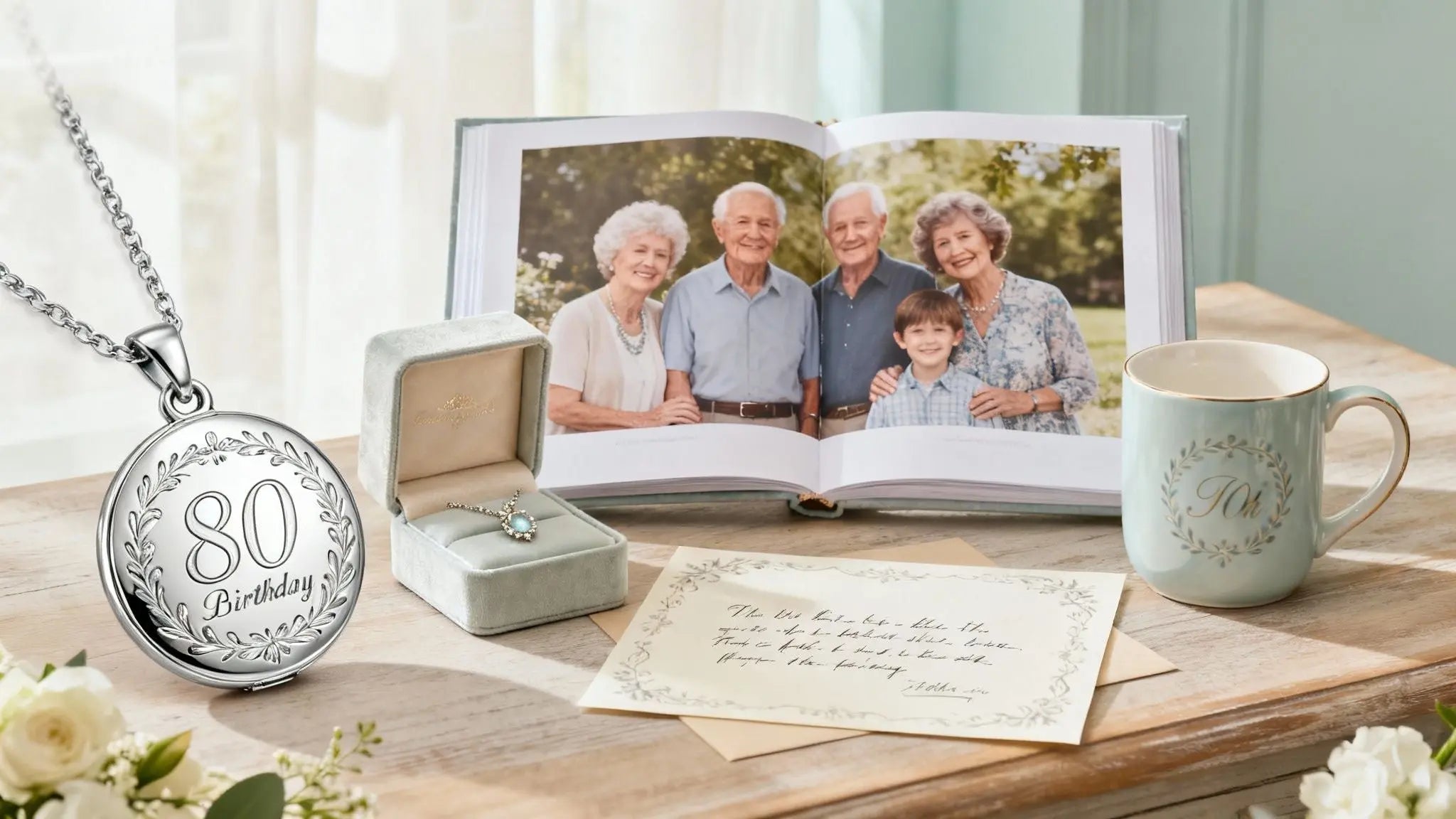 80th birthday gifts with a silver 80 locket, family photo book and keepsake box