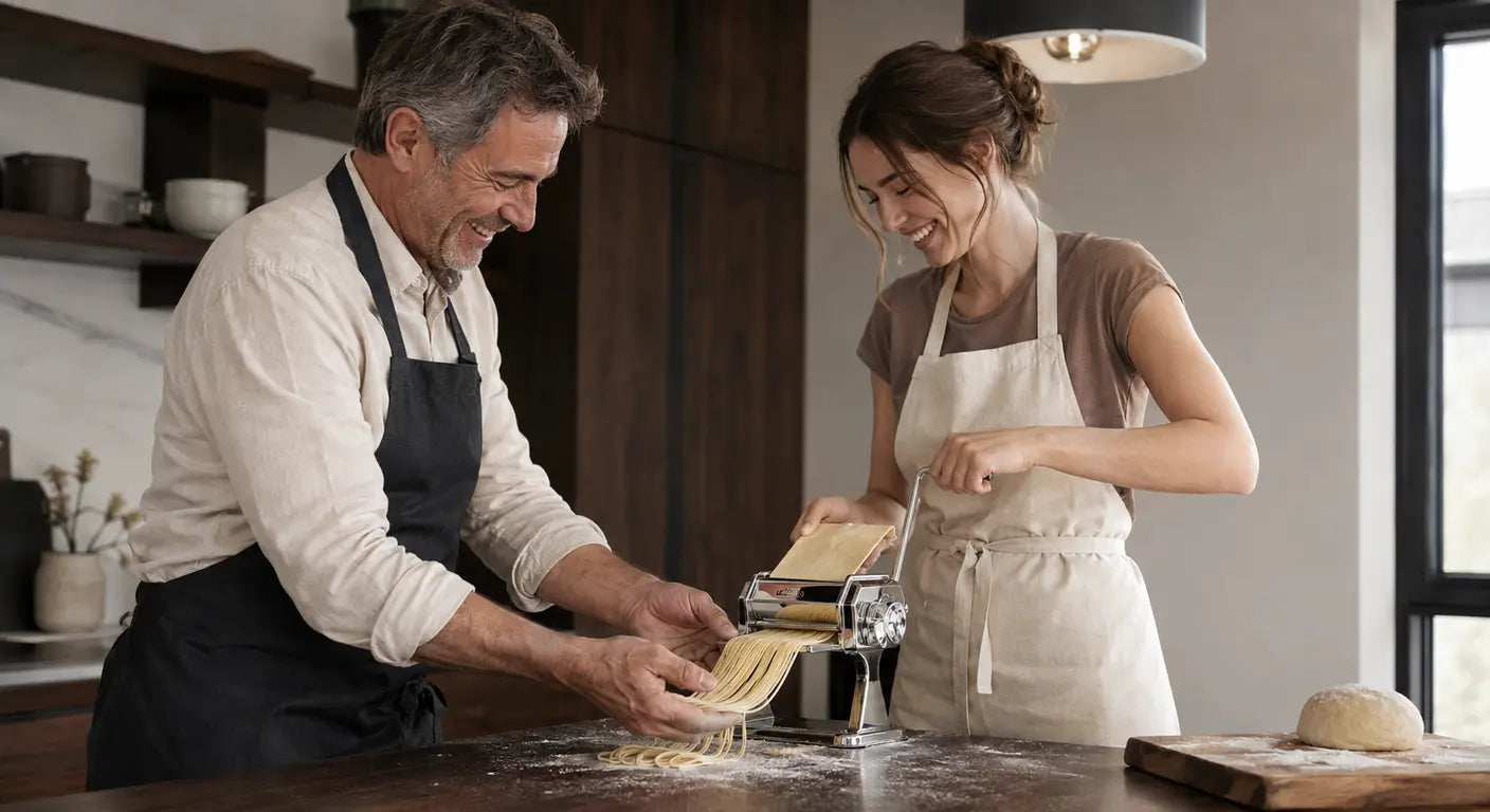 Father and adult daughter in matching aprons cooking together in a bright kitchen