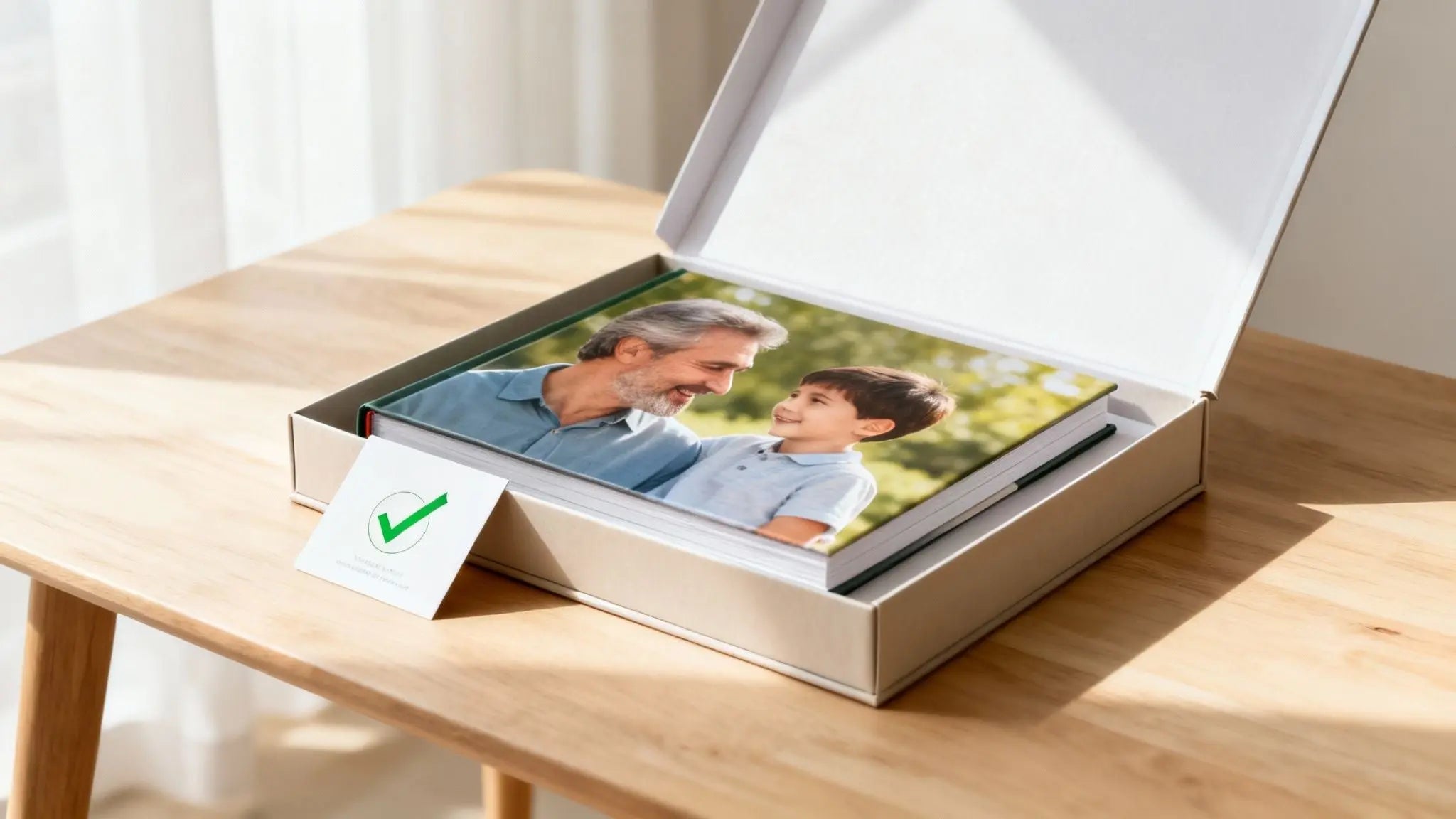 Open photo book on a table showing a printed family picture, a custom photo gift