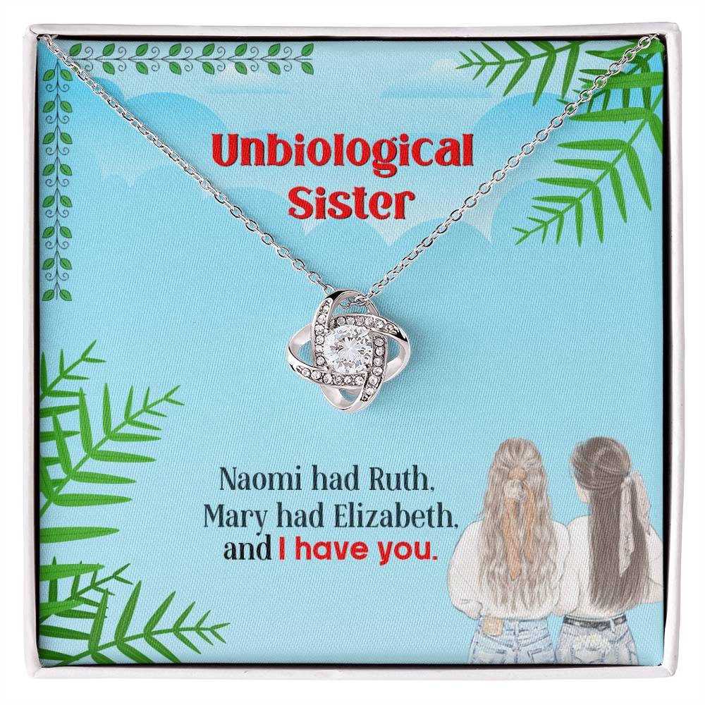 Unbiological sister love knot necklace on a personalized message card — TreasuredTale