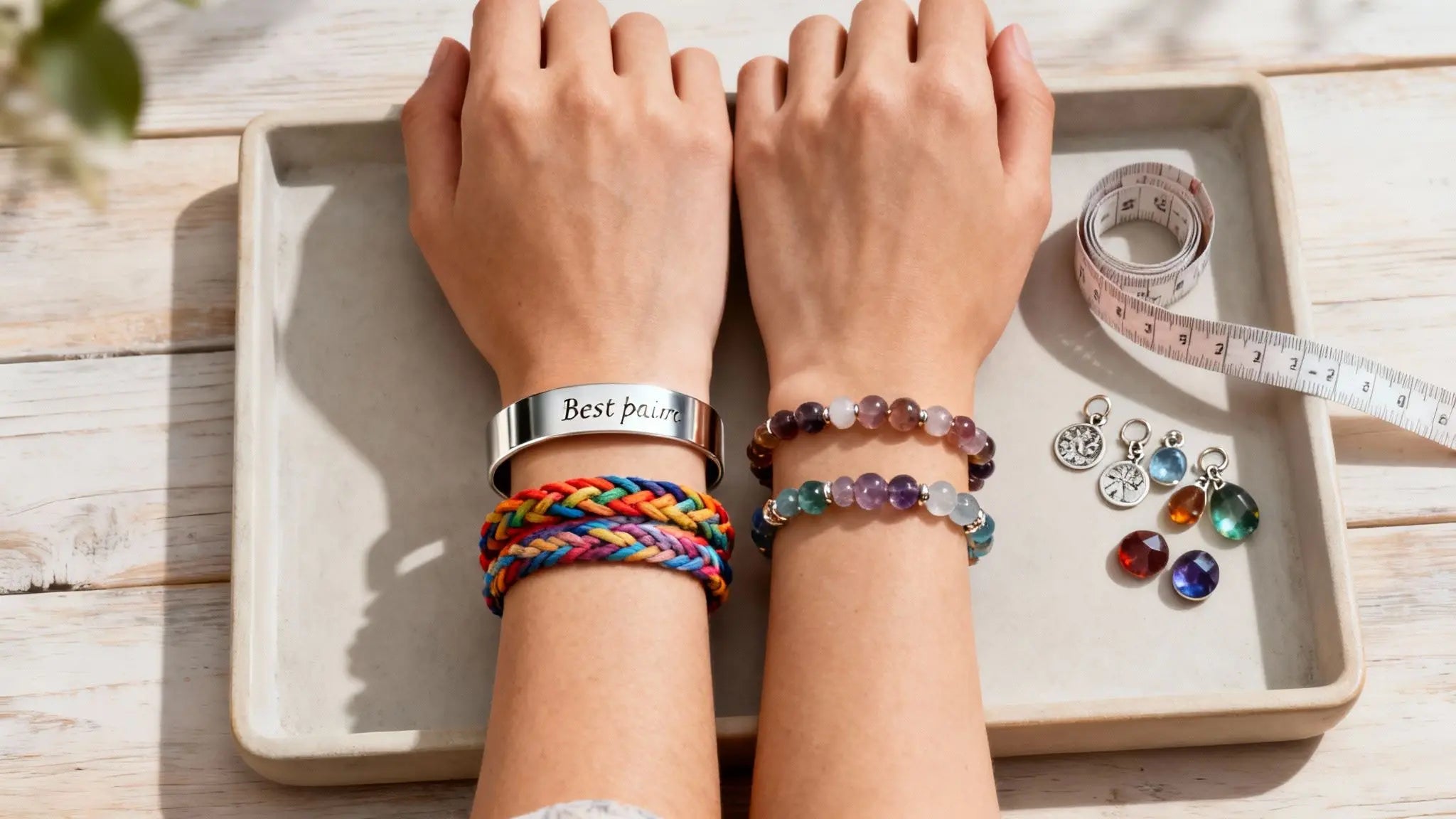 Two friends wearing layered charm and beaded best friend bracelets over a jewelry tray