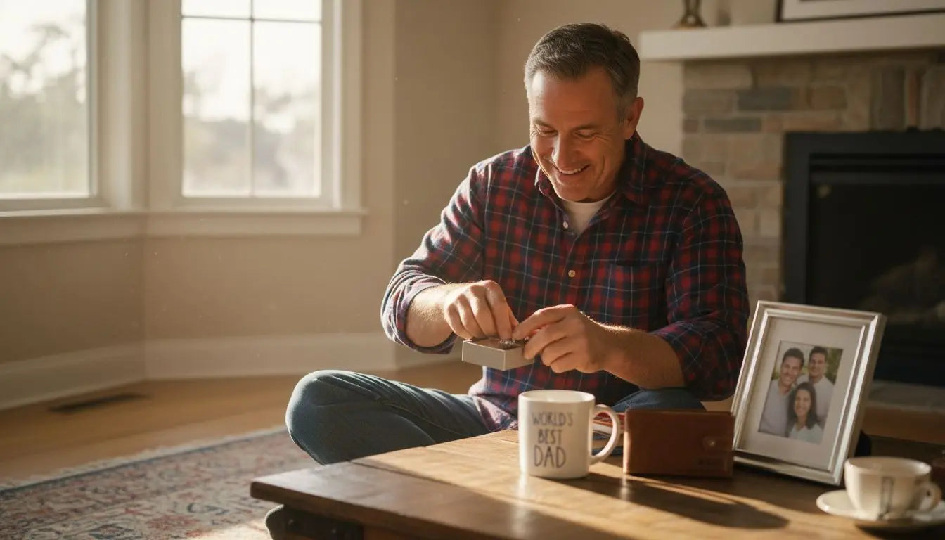 Dad opening a personalized mug and framed photo gift in the living room