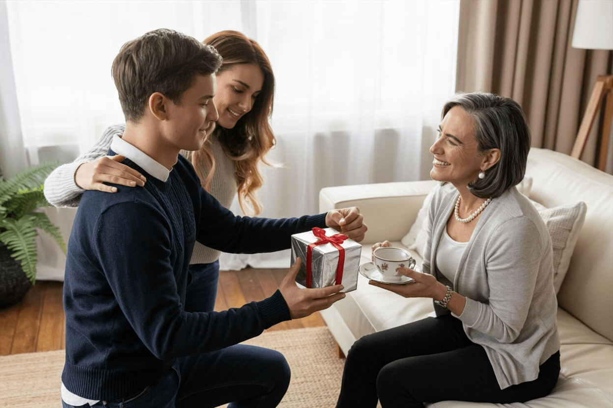 Smiling couple giving a wrapped present to a woman enjoying tea, perfect example of meaningful gifts for girlfriends mother.