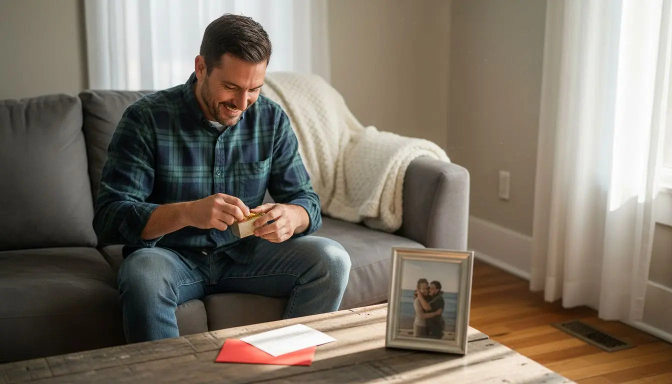 Man opening a personalized gift on the sofa beside a framed photo of the couple