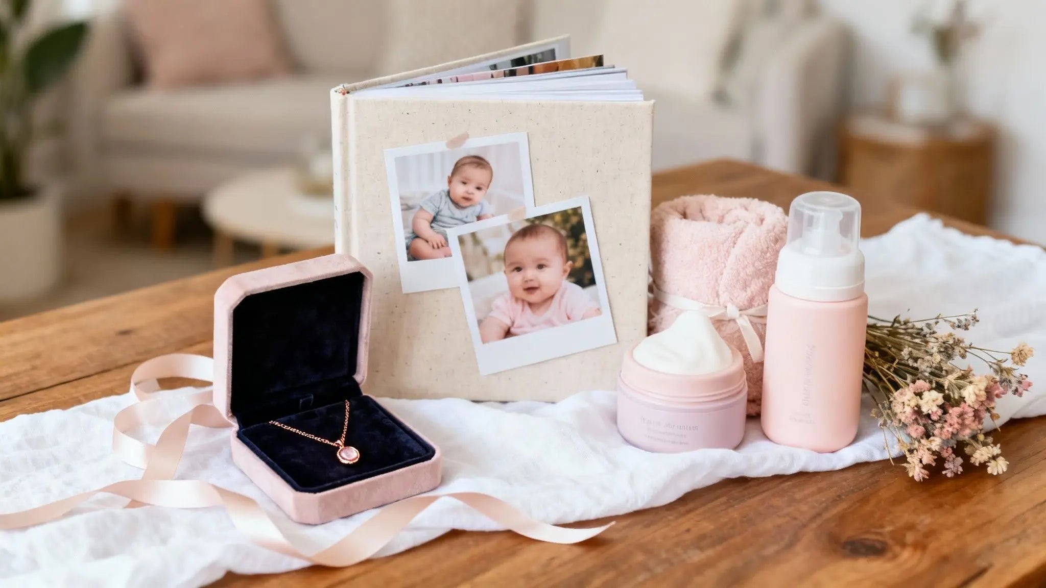 Gifts for a new mom with a pendant in a jewelry box, baby photo album and soft pink blanket