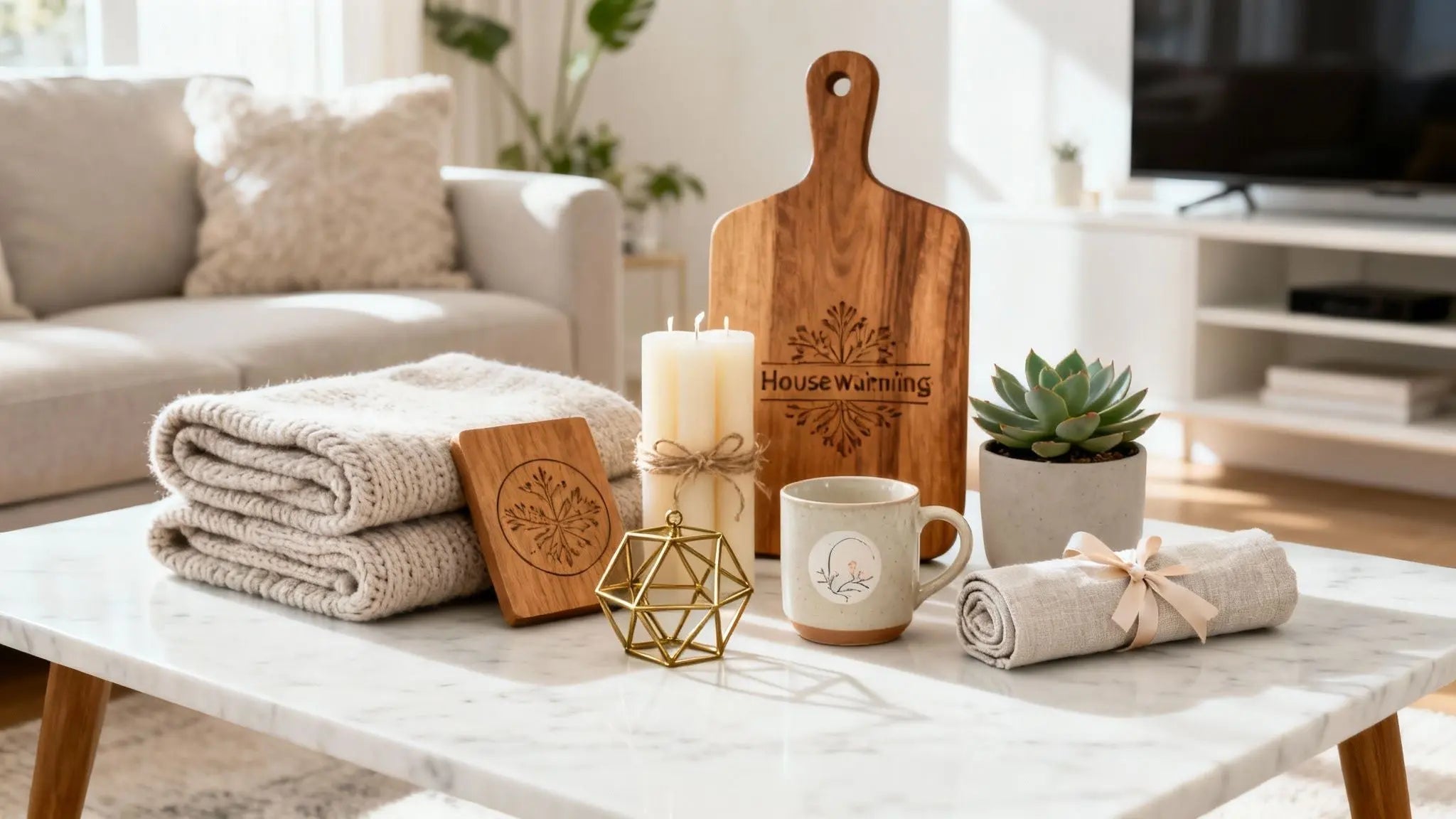 Housewarming gifts with a knit throw, engraved cutting boards, candle and monogram mug