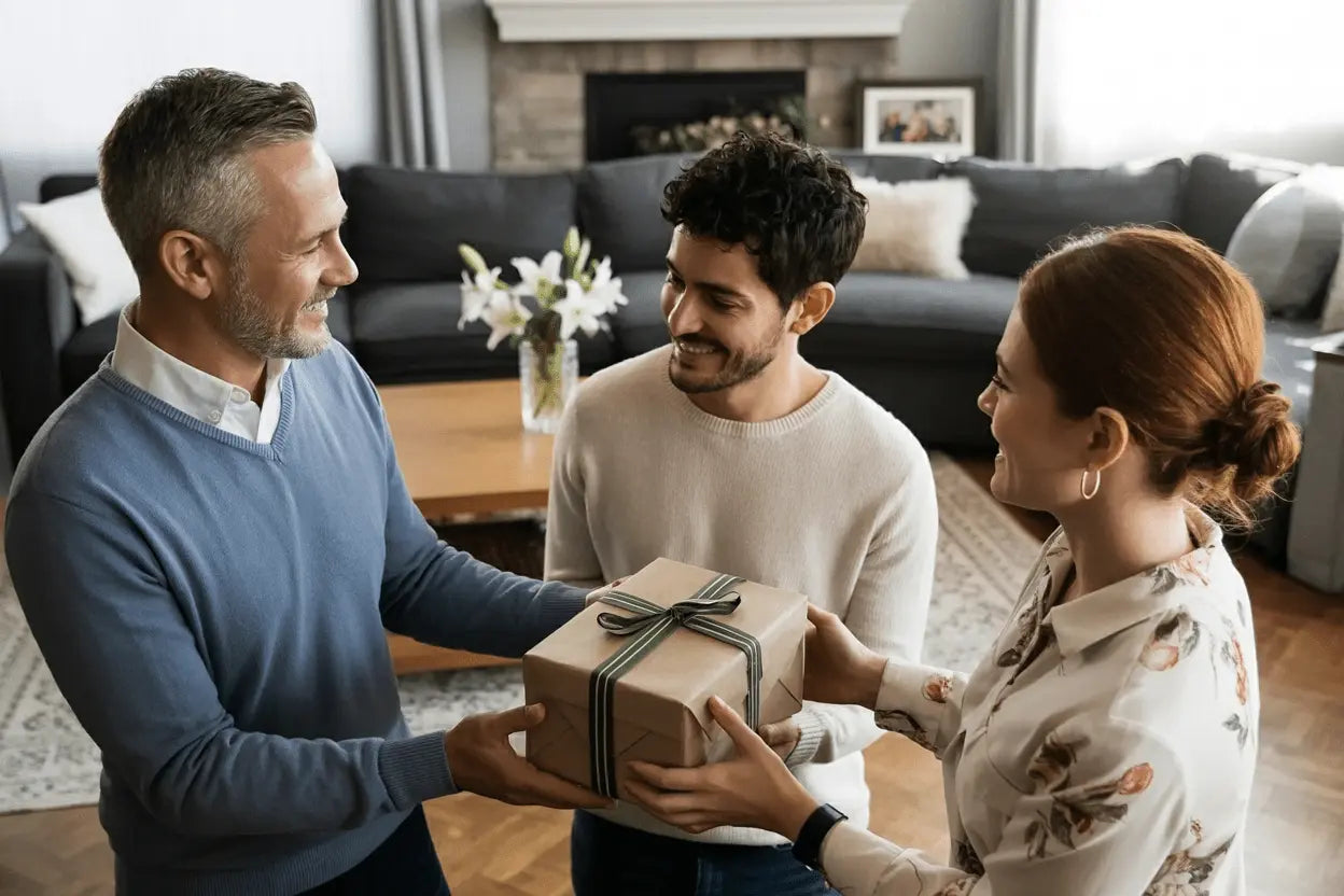 Parents handing their adult son a personalized gift box with a green ribbon at home