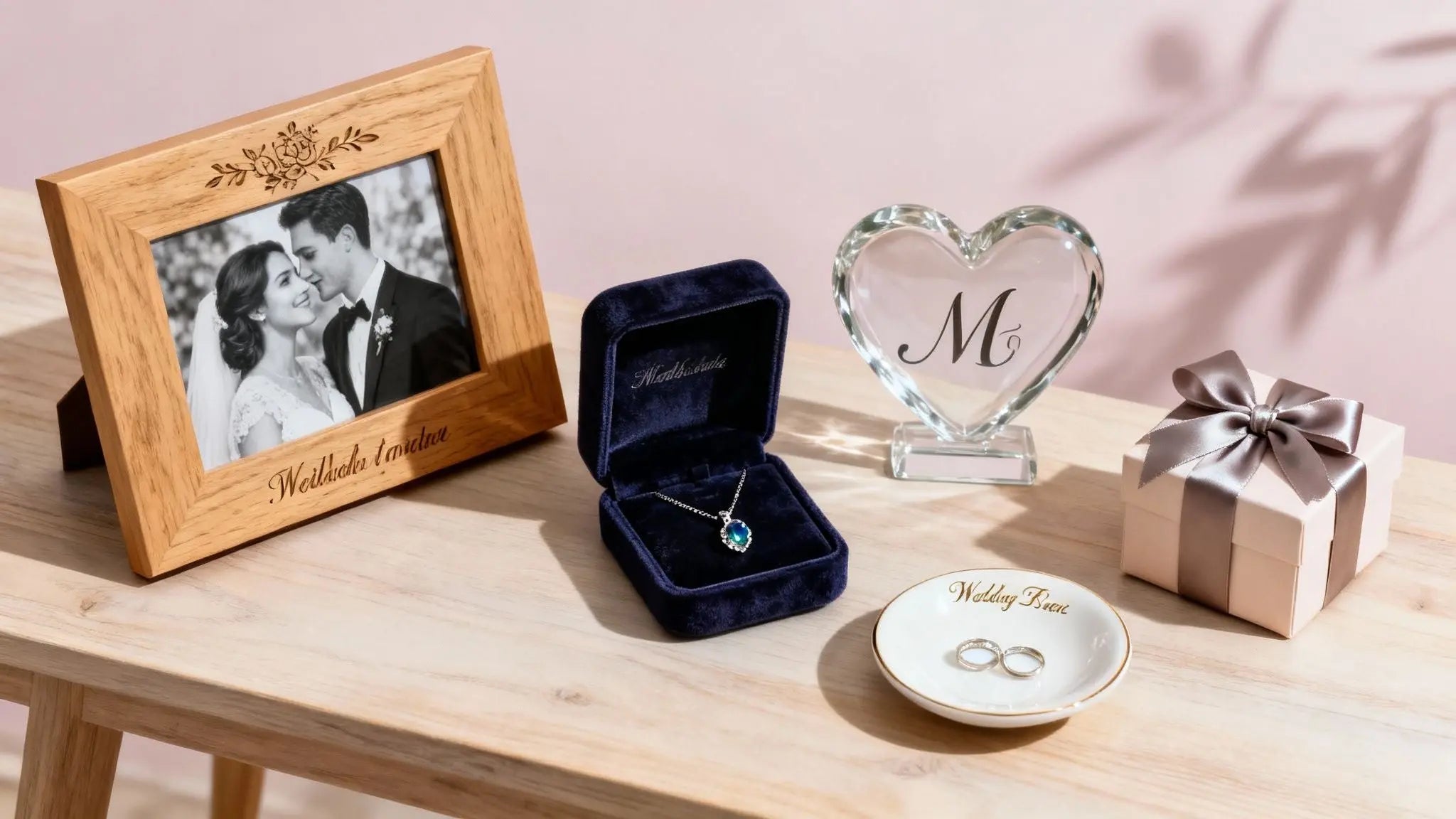 personalized wedding gifts with an engraved photo frame, ring box and monogram glass heart