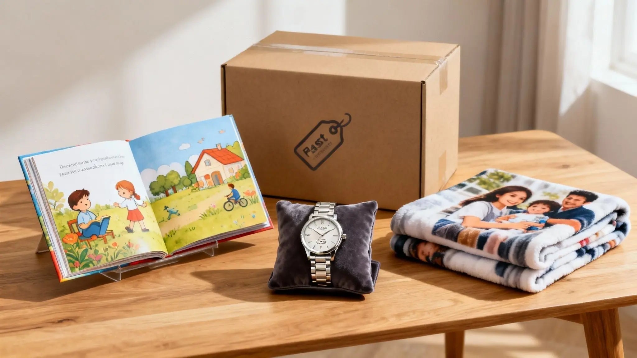 Photo storybook, watch and photo blanket beside a shipping box, personalized gifts for a son