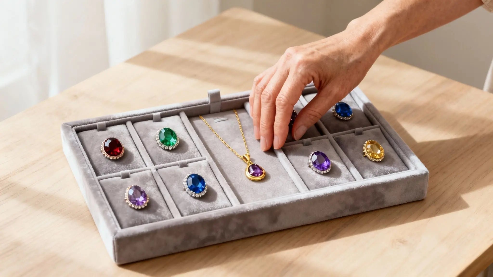 Hand choosing coloured birthstones from a velvet tray for a personalized mom necklace
