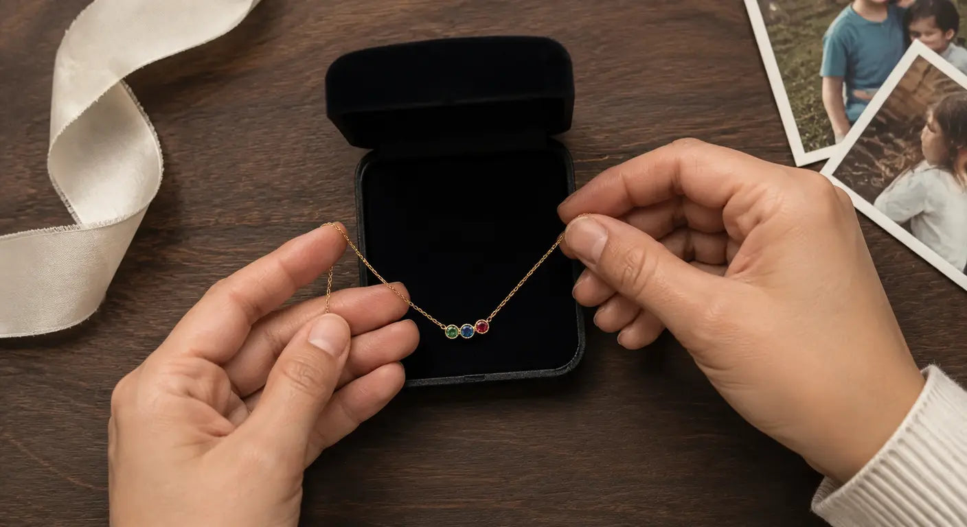Hands holding a birthstone necklace in a black gift box beside family photos