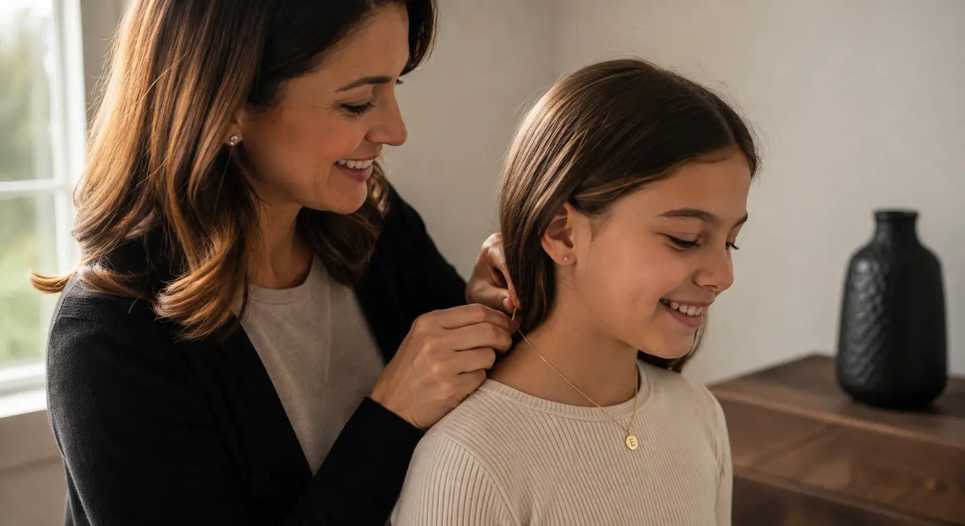 Mother fastening a children's name charm necklace on her teenage daughter