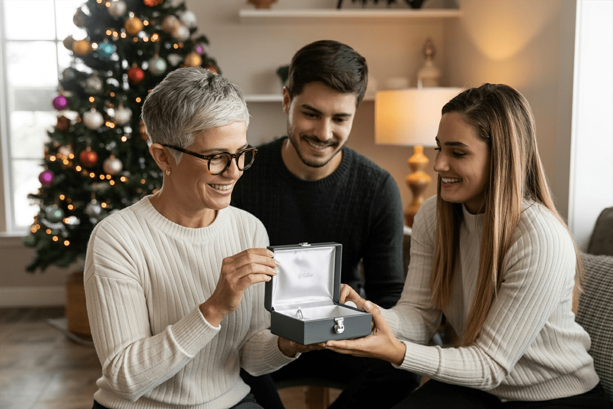Christmas gift for boyfriend’s mother opened in warm family moment by the Christmas tree