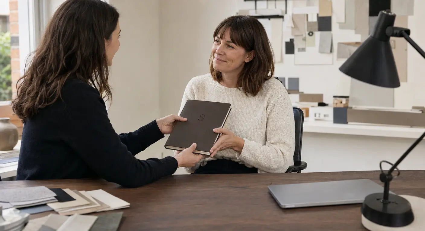 Woman handing a personalized leather notebook to a colleague as a creative thank you gift