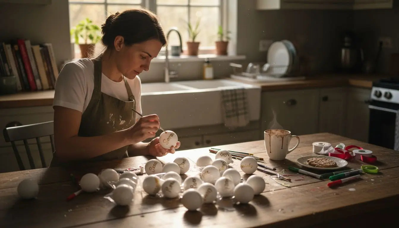 Woman in an apron making personalized christmas ornaments at the kitchen counter