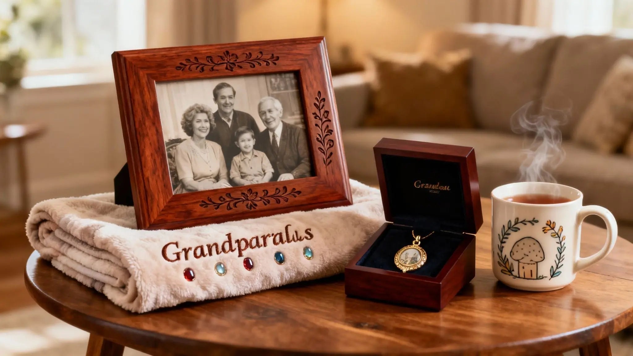 Custom grandparents gifts with a family photo frame, embroidered blanket and keepsake box