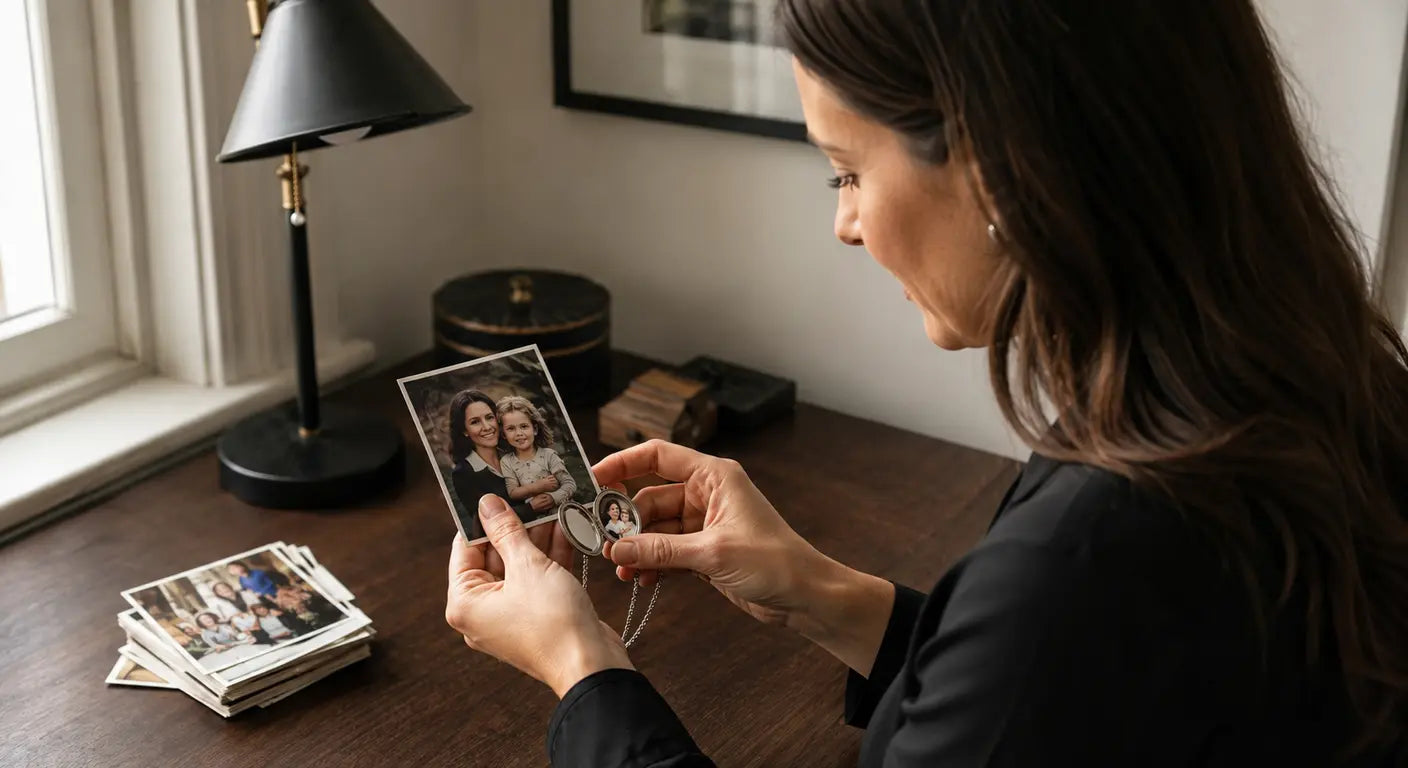 woman holding a custom photo necklace at her desk beside printed family photos