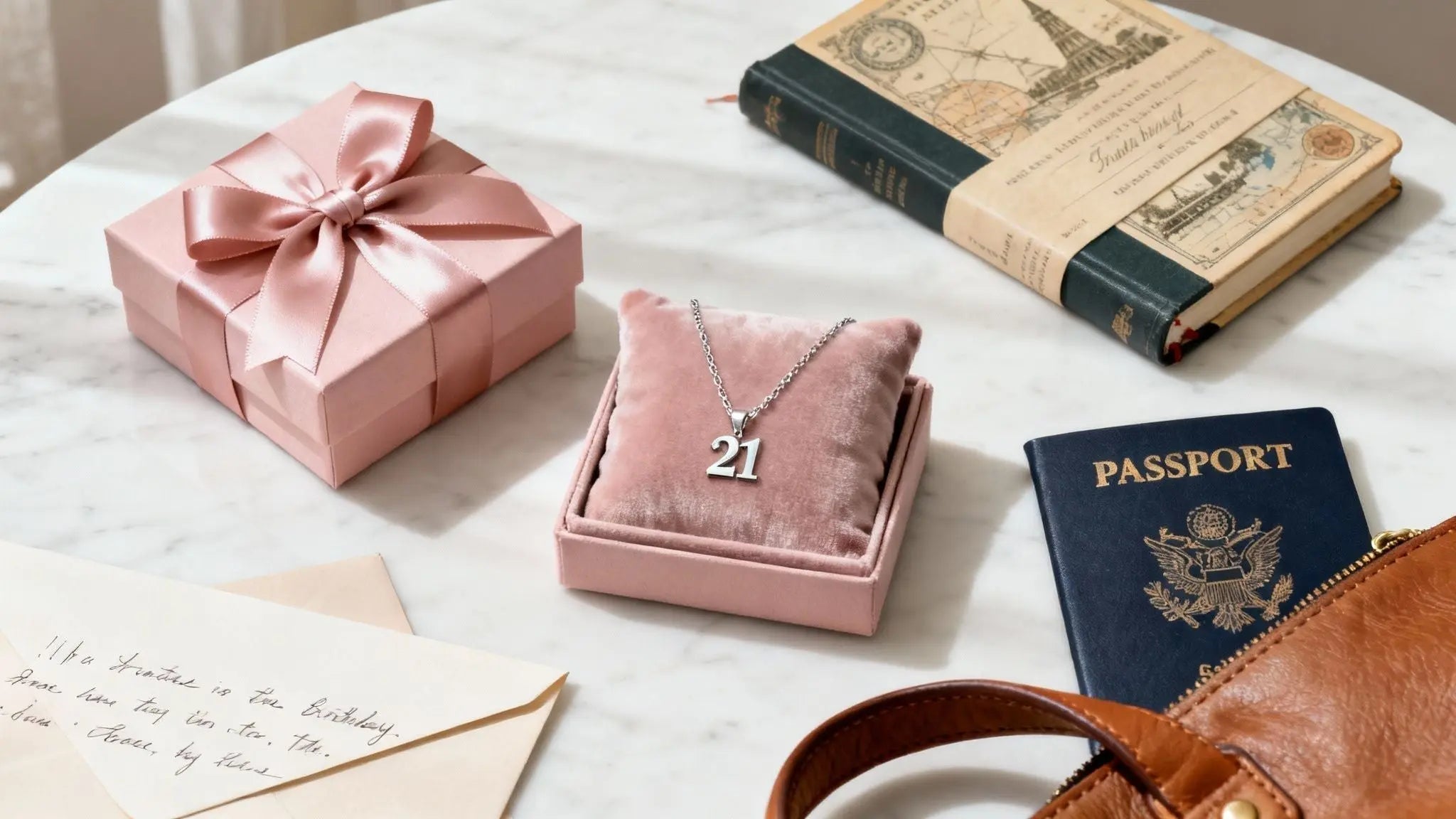 Pink gift box with ribbon, a velvet pouch marked 21, passport and notebook on a table