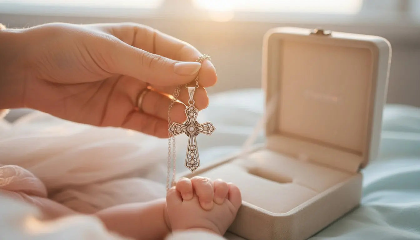 Hand holding a silver cross necklace above a sleeping baby and an open keepsake box