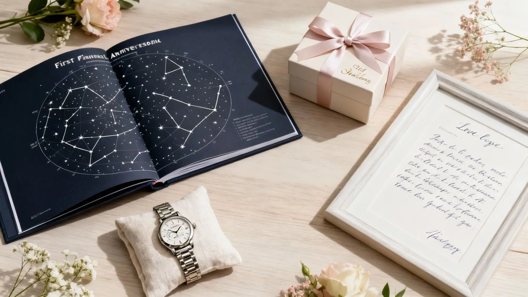 Open star map book, framed love letter and dried flowers, first anniversary gift ideas