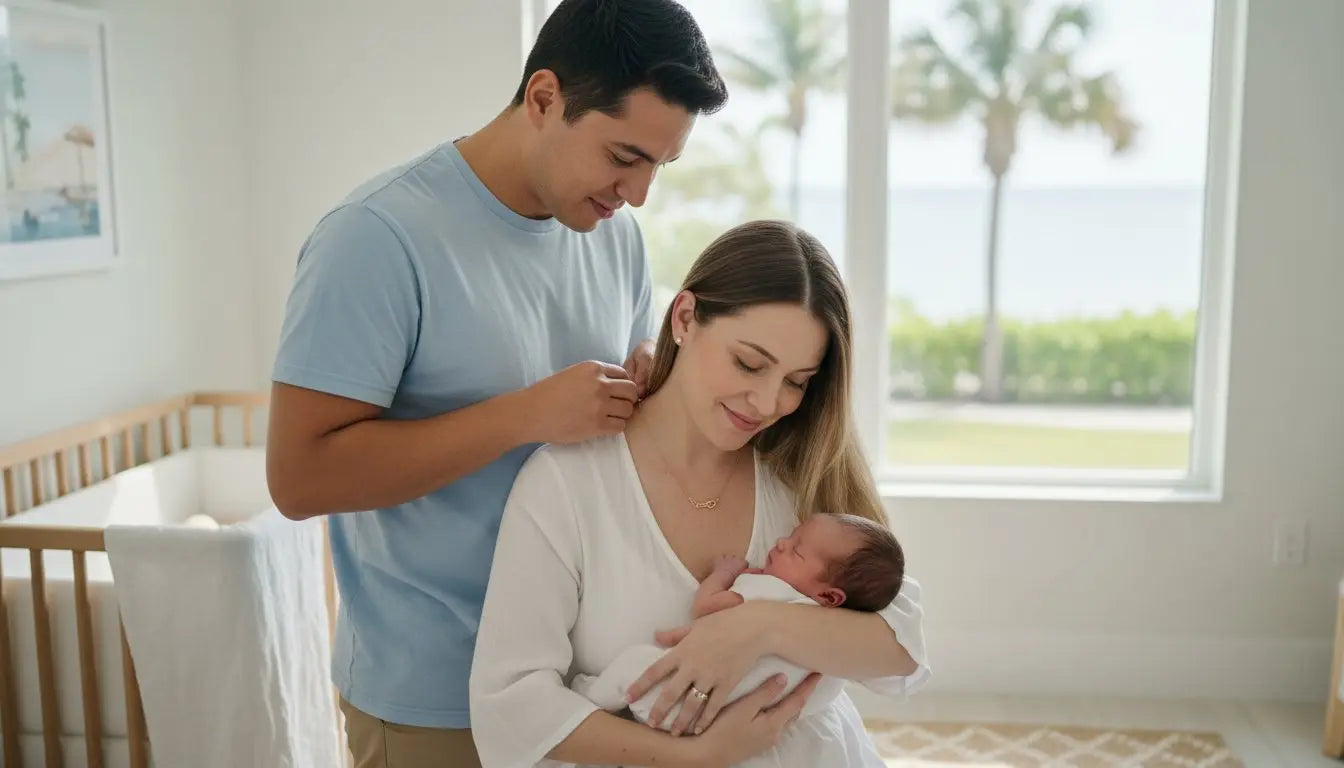 Husband fastening a keepsake necklace on his wife as she holds their newborn