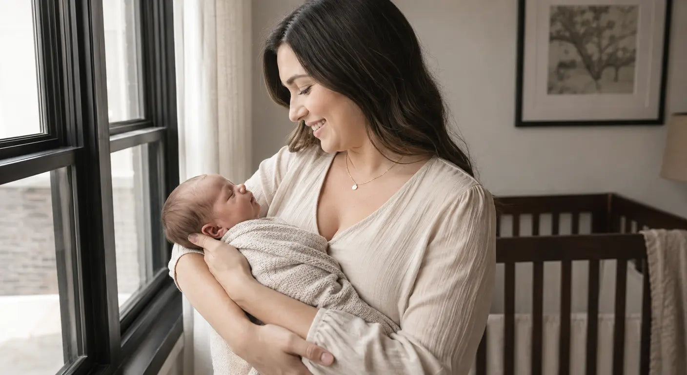new mother in soft light holding her sleeping newborn beside the crib on her first mother's day