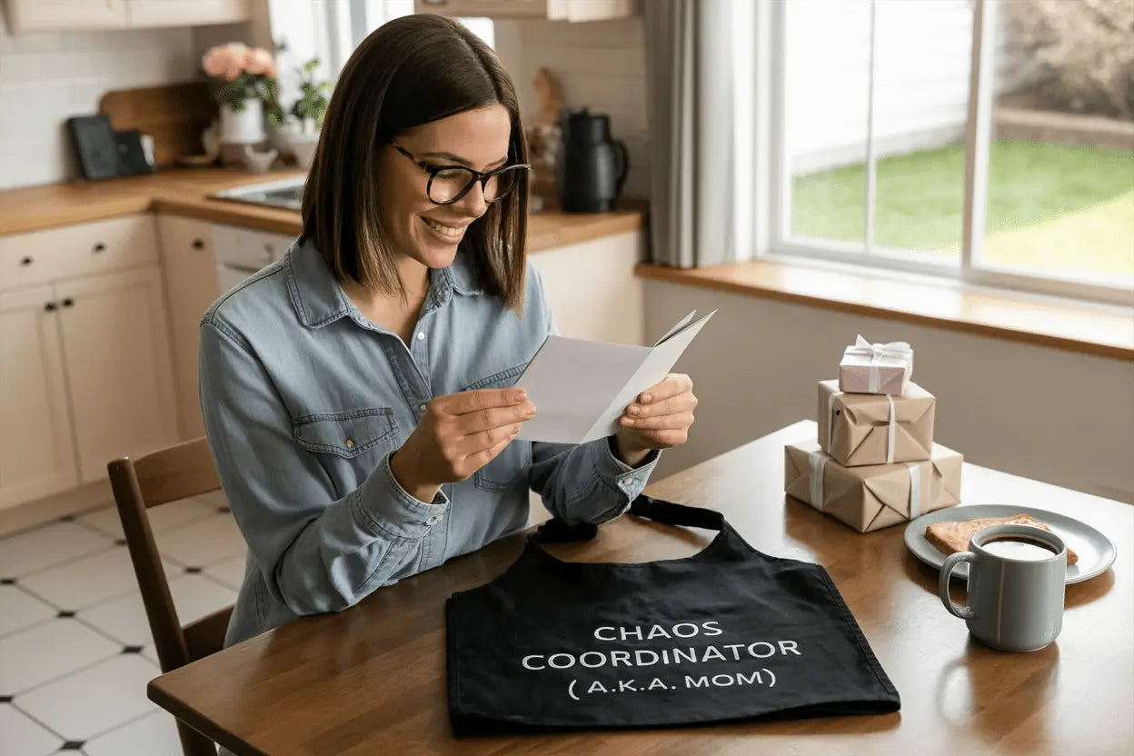 Woman reading a card beside a chaos coordinator apron and stacked gift boxes in the kitchen