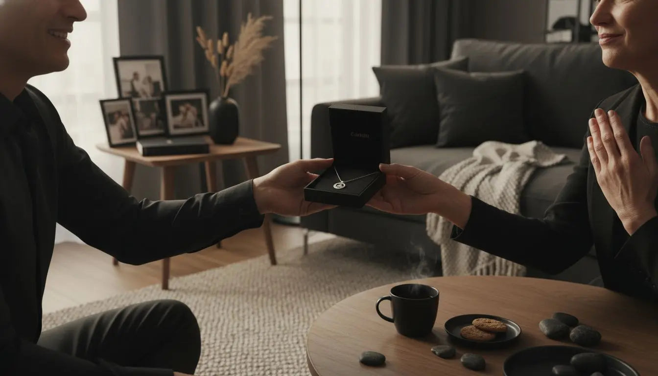 Person überreicht eine geschenkbox über den couchtisch, ein geschenk mit bedeutung