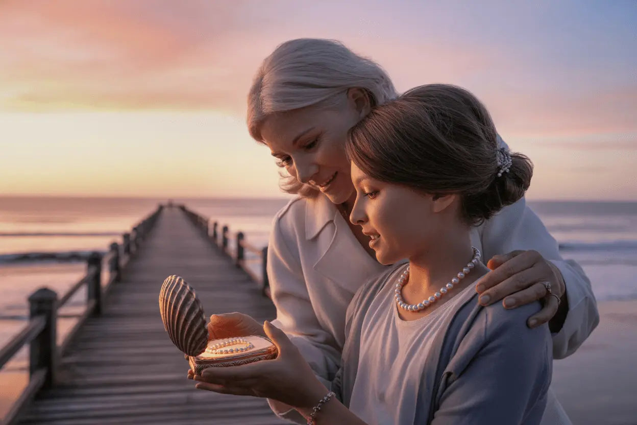 Mother and daughter embracing on a wooden pier at sunset, a heartfelt moment