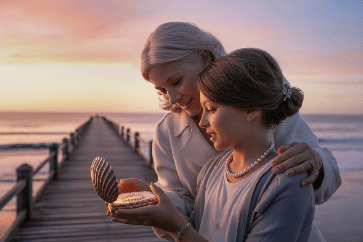 Mother giving daughter a jewelry shell box gift at sunset symbolizing love and lasting bond