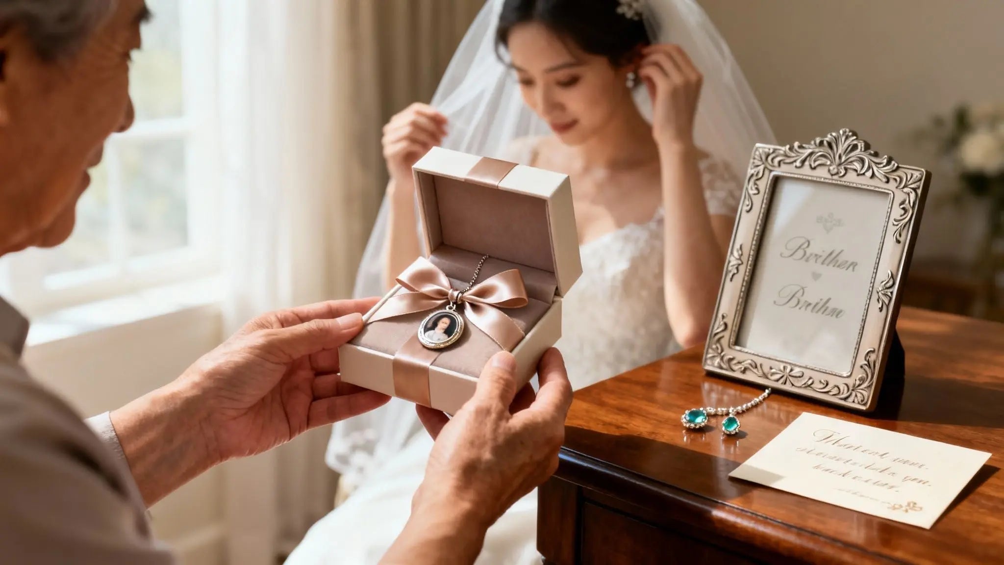 Mother giving her daughter a wooden keepsake box on her wedding day beside a framed photo